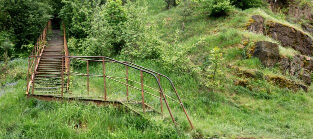 Een oude metalen trap die leidt naar het bos tussen de bergen