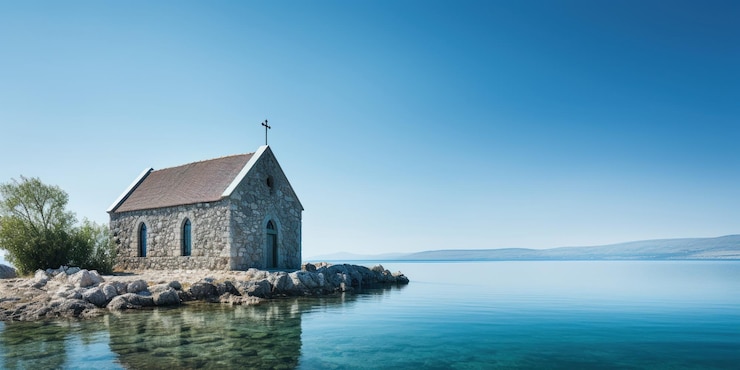 Gratis Foto een oude stenen kerk met uitzicht op het rustige water van een uitgestrekt meer
