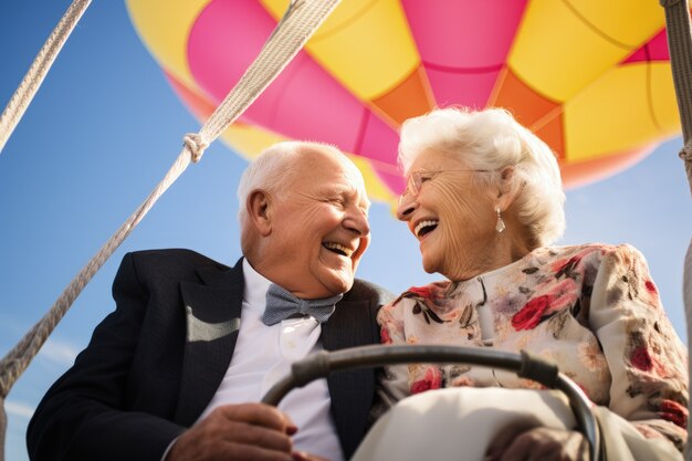 Een oudere echtpaar trouwt in een luchtballon.