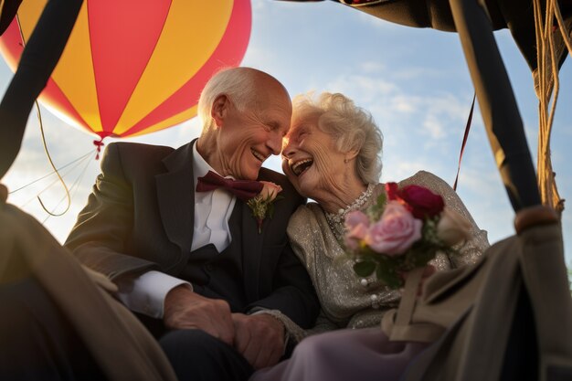 Een oudere echtpaar trouwt in een luchtballon.