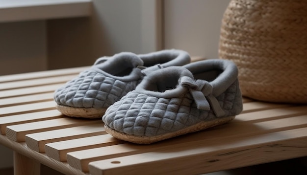 Een paar babyschoenen op een houten kist