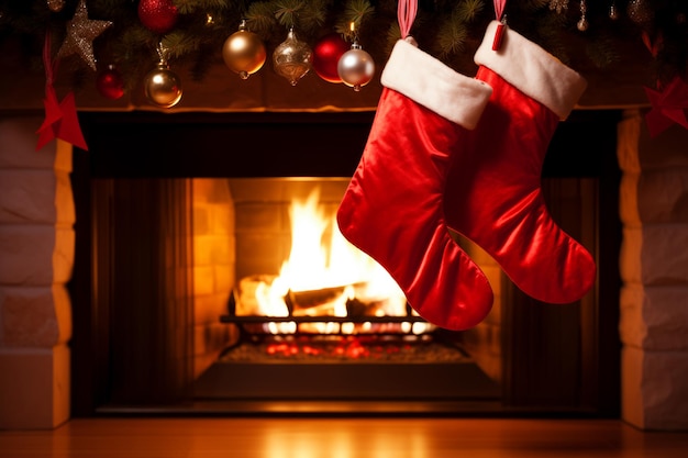 Gratis foto een paar rode kerstsokken hangen op eerste kerstdag voor een brandende open haard