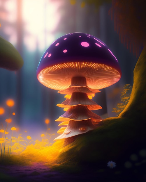 Een paarse paddenstoel met een paarse hoed zit in het bos.