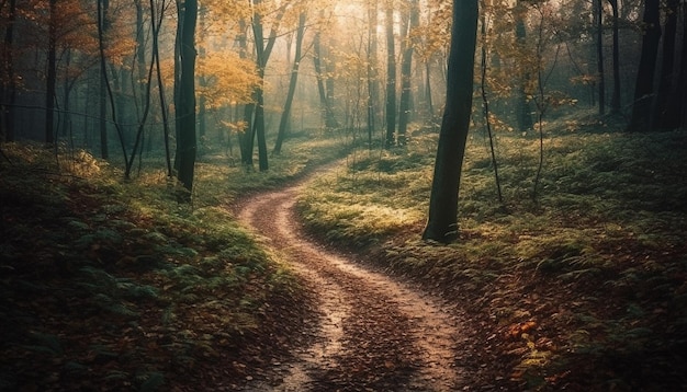 Een pad in het bos met de zon die door de bomen schijnt.