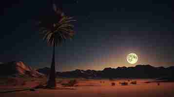 Gratis foto een palmboom in de woestijn met de maan op de achtergrond