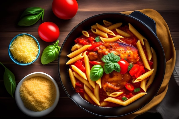 Gratis foto een pan pasta met tomatensaus en basilicum erop.