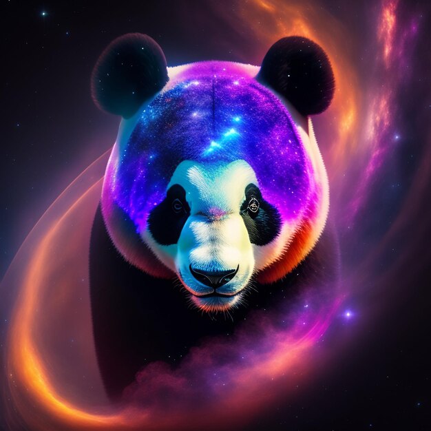 Een panda met een melkwegachtergrond en het woord panda erop.