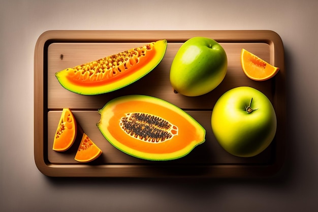 Een papaja op een snijplank met daarop een paar stukjes fruit