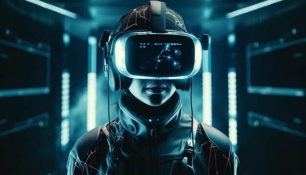 Eén persoon die binnen staat en een beschermende bril draagt met behulp van futuristische technologie gegenereerd door AI