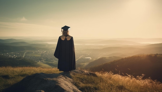 Eén persoon die op de berg staat en succes behaalt dat is gegenereerd door AI