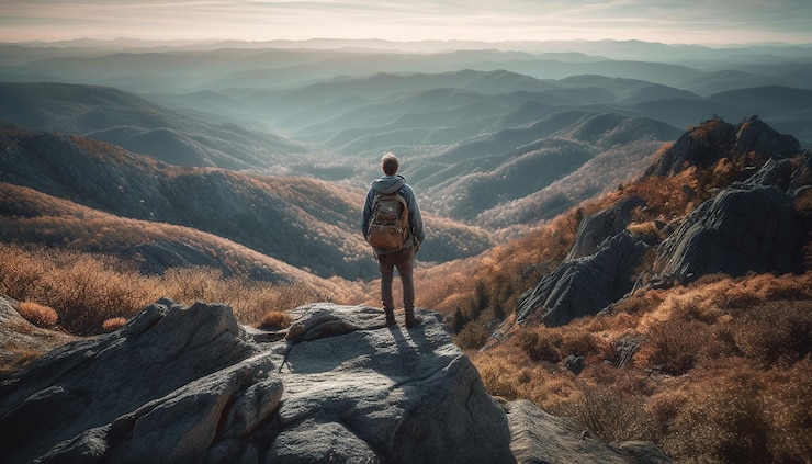 Gratis Foto eén persoon die op de bergtop wandelt, behaalt succes gegenereerd door ai