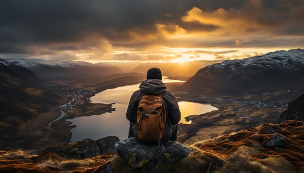 Eén persoon die op de bergtop wandelt en de schoonheid van de natuur verkent in eenzaamheid gegenereerd door kunstmatige intelligentie