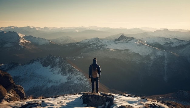 Een persoon die op de bergtop wandelt en geniet van eenzaamheid gegenereerd door AI