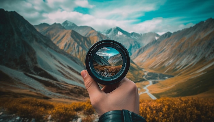 Gratis Foto eén persoon met een camera die een bergtop fotografeert die door ai is gegenereerd