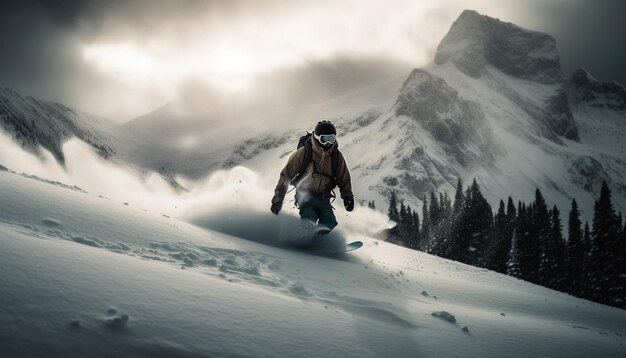 Eén persoon snowboardt een door AI gegenereerde berghelling af