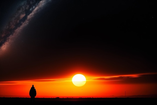 Gratis foto een persoon staat voor een zonsondergang met de ondergaande zon achter zich.