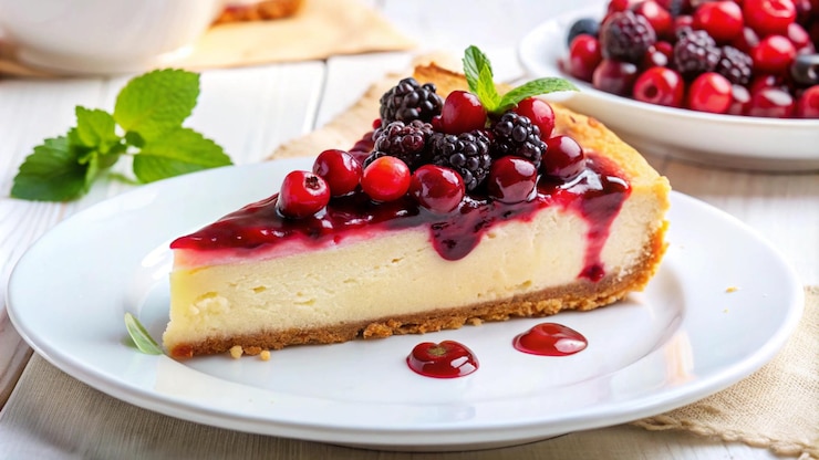 Gratis Foto een plakje cheesecake met een bessen saus en verse bessen.