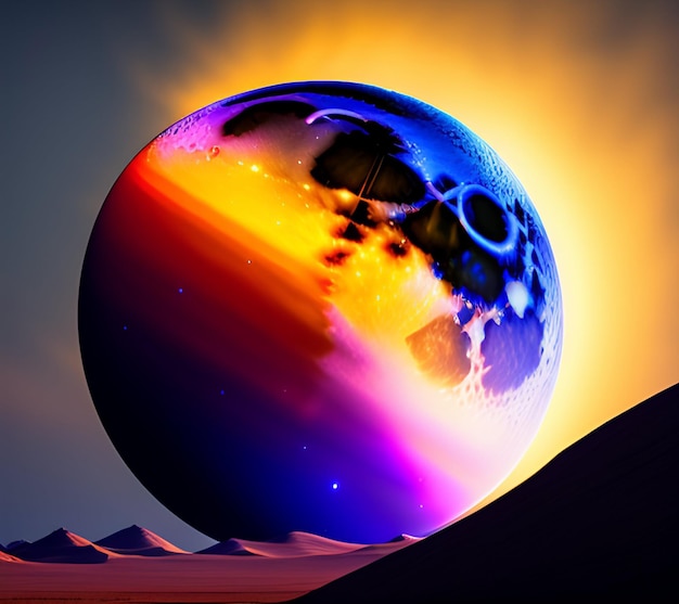Een planeet met een kleurrijke lucht en een planeet met een maan op de achtergrond.