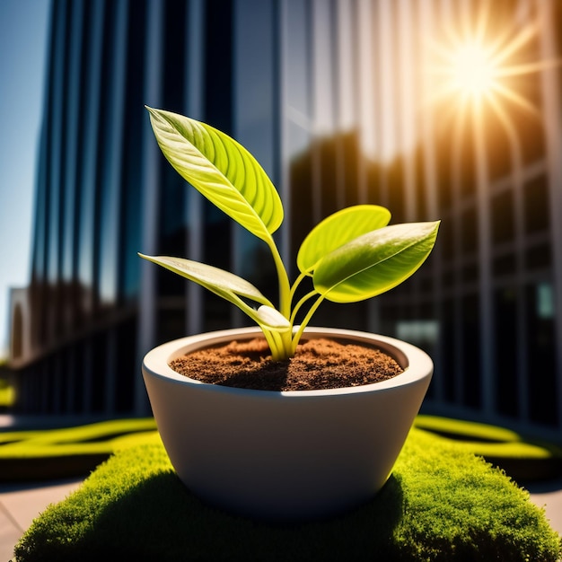 Een plant in een pot waar de zon achter schijnt