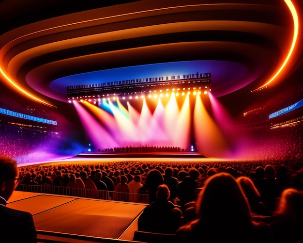 Een podium met een podium verlicht met kleurrijke lichten.