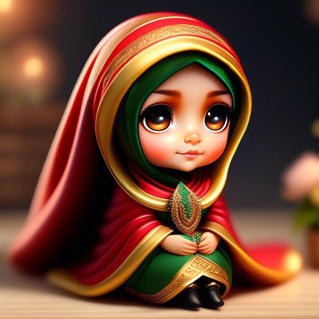 Een pop met een groene en rode sjaal en een blad in haar handen.