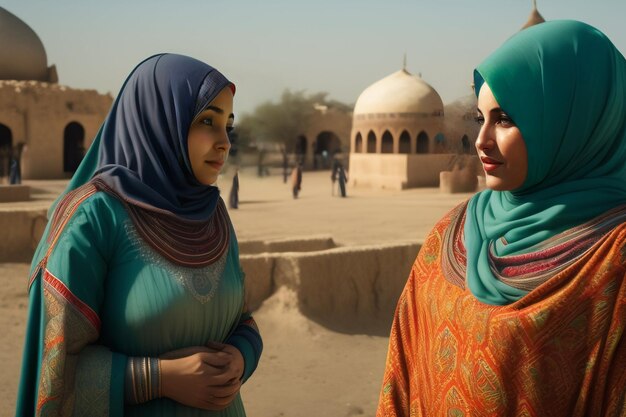 Een poster met twee vrouwen in hijab en een koepel met de woorden ramadan erop