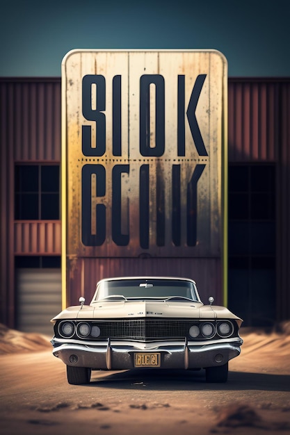 Een poster voor de film De auto van de film staat geparkeerd voor een gebouw met de tekst '81kc'