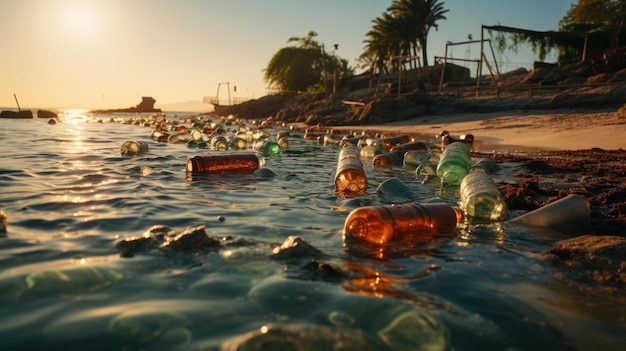 Gratis foto een prachtig strand is nu bezaaid met plastic afval dat de aandacht vestigt op de verwaarlozing van het milieu.