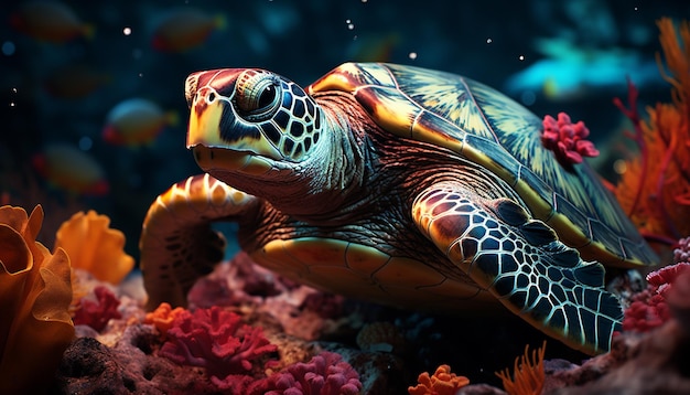 Gratis foto een prachtige zeeschildpad die in het onderwaterrif zwemt, gegenereerd door kunstmatige intelligentie