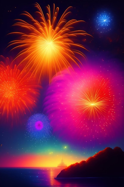 Een regenboog wordt verlicht met vuurwerk in de lucht.