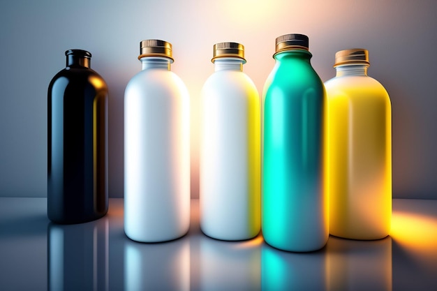 Een rij flessen met verschillende kleuren, waaronder een met de tekst 'blauw, geel en wit'