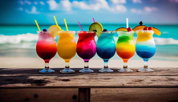 Een rij kleurrijke cocktails op een tafel met een strand op de achtergrond.