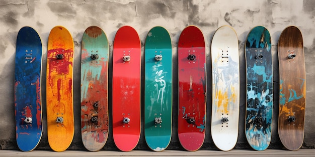 Gratis foto een rij kleurrijke gebruikte skateboards tegen een versleten muur