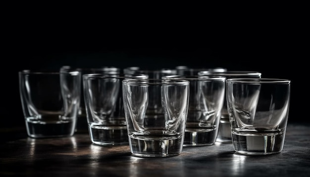 Gratis foto een rij shotglazen gevuld met donkere whisky en tequila gegenereerd door kunstmatige intelligentie