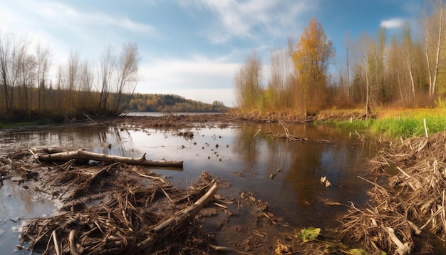 Gratis foto een rivier met op de voorgrond een boomstronk en op de achtergrond een blauwe lucht met wolken.