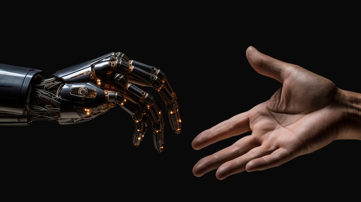 Gratis Foto een robothand dicht bij de menselijke hand.