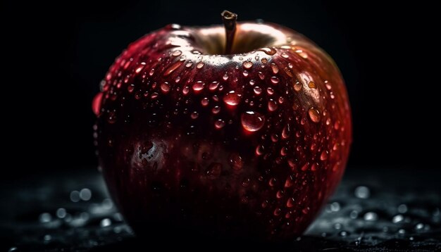 Een rode appel met waterdruppeltjes erop