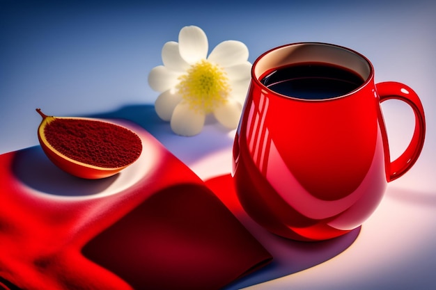 Een rode kop koffie en een mobiele telefoon met een bloem erop