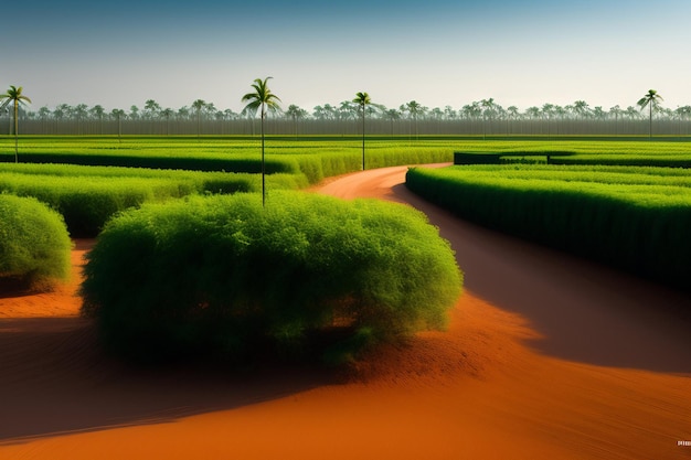 Een rode zandweg leidt naar een groen veld met palmbomen op de achtergrond.