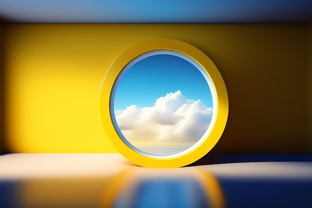 Een rond raam met een blauwe lucht op de achtergrond