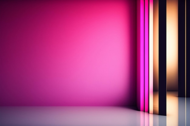 Een roze en oranje muur met een gordijn dat licht zegt