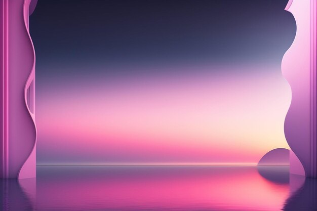 Een roze en paarse lucht met in het midden een witte rots.