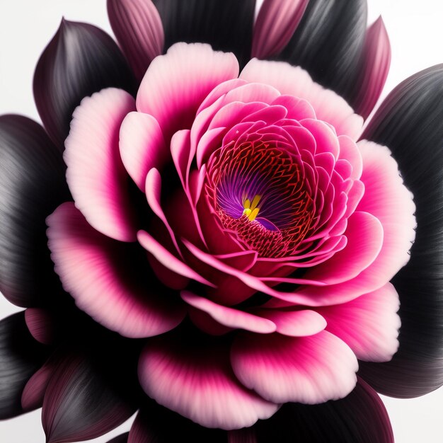 Een roze en zwarte bloem met een geel hart.