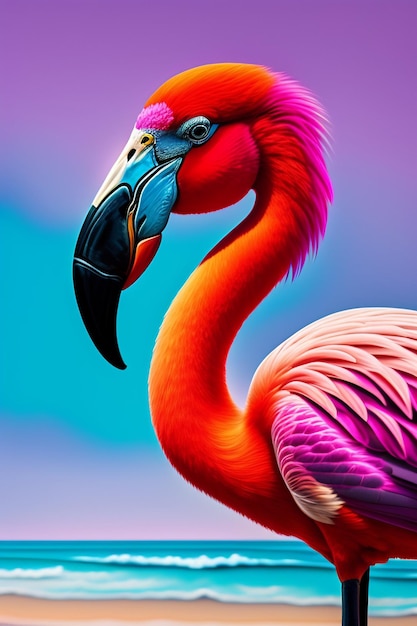 Gratis foto een roze flamingo met een blauwe snavel en een zwarte snavel.