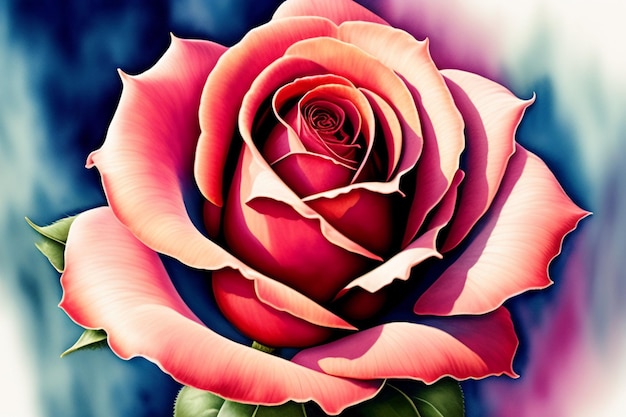 Een roze roos wordt getoond met een blauwe achtergrond
