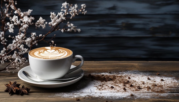 Gratis foto een rustieke salontafel met een schuimige cappuccino en bloem gegenereerd door kunstmatige intelligentie