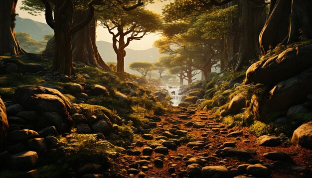 Gratis foto een rustig herfstbos met een kronkelend voetpad en bergen gegenereerd door kunstmatige intelligentie