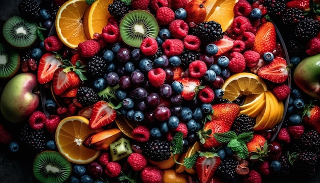 Een sappige fruitsalade met een verscheidenheid aan gezonde bessen gegenereerd door AI