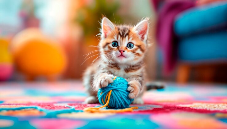 Gratis Foto een schattig kitten dat met garen speelt.