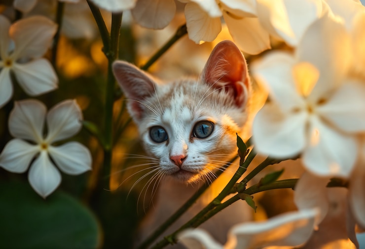 Gratis Foto een schattig portret van een huisdier omringd door bloemen.